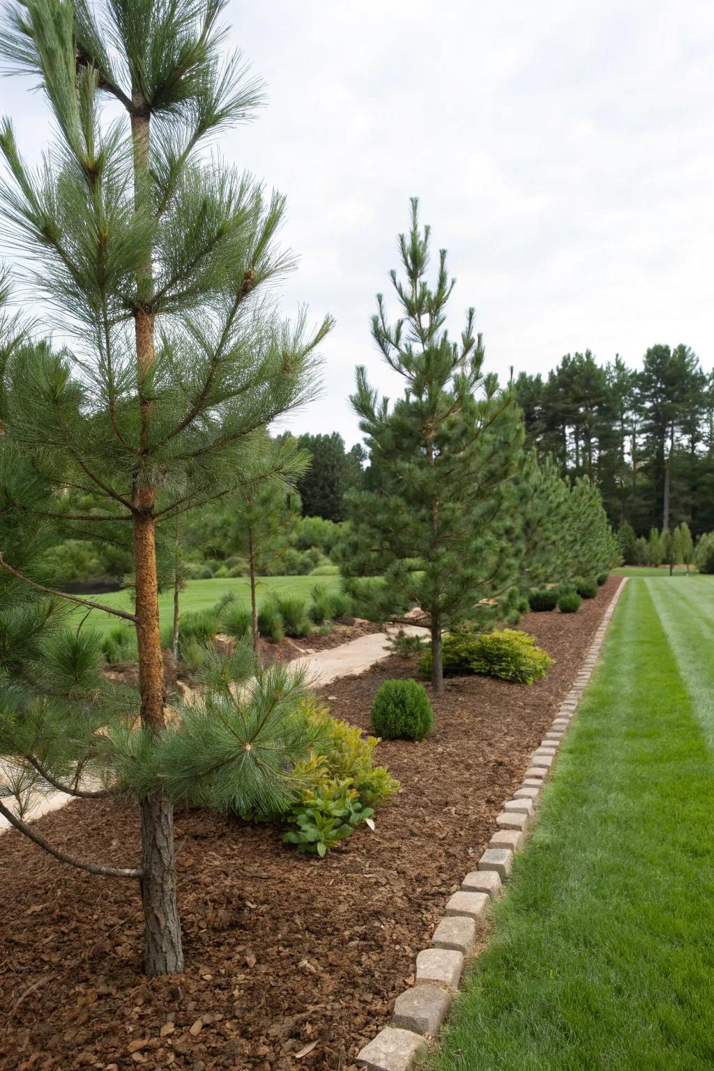 Mulch around pine trees creates a clean garden look.