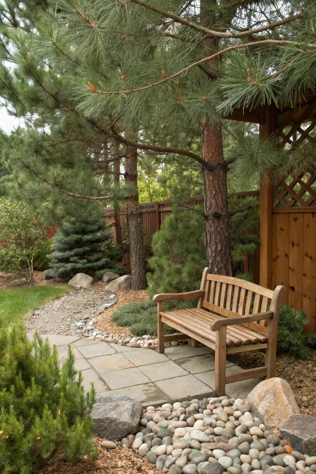 A cozy nook surrounded by pine trees makes a perfect retreat.