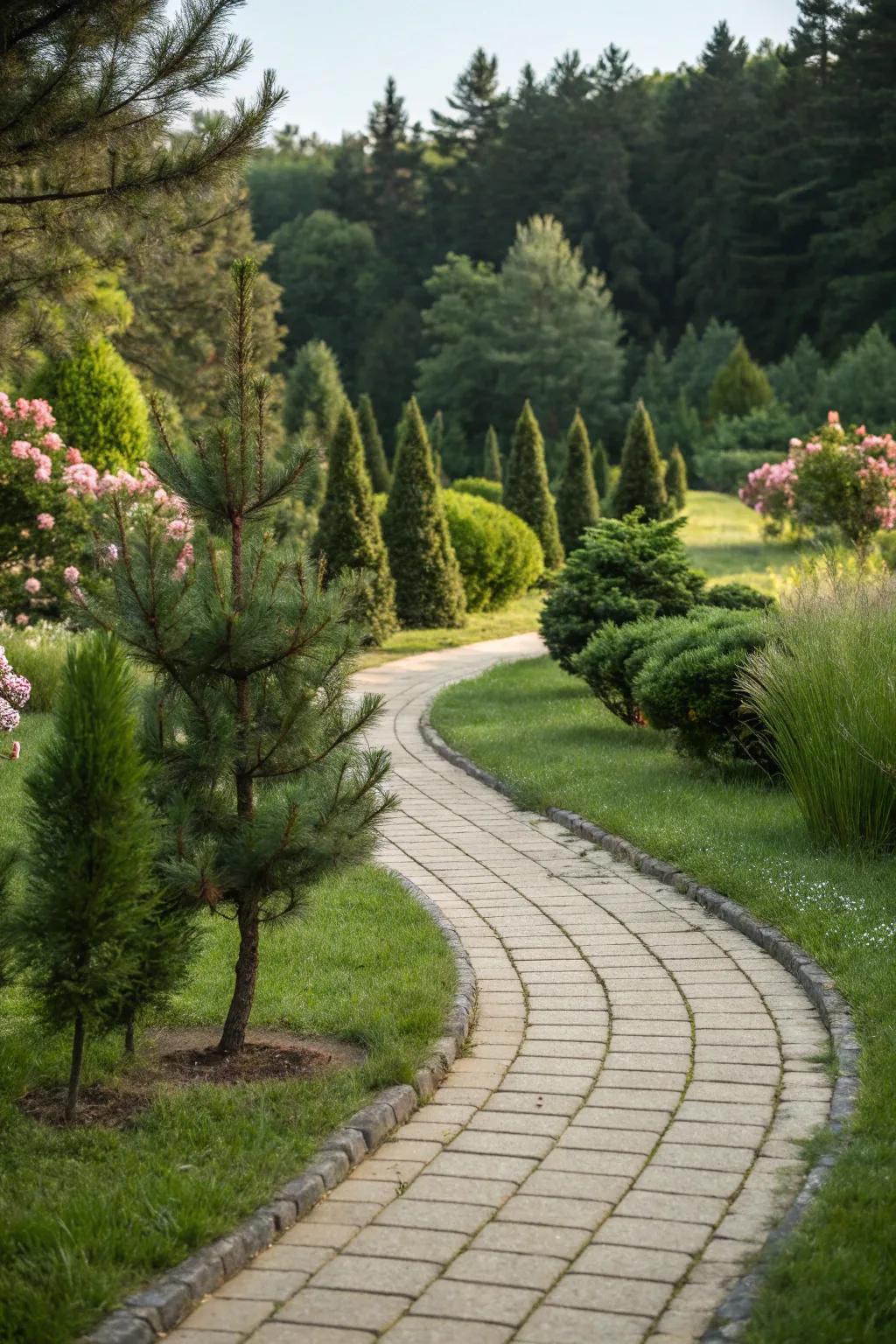 Pathway lined with pine trees enhances curb appeal.