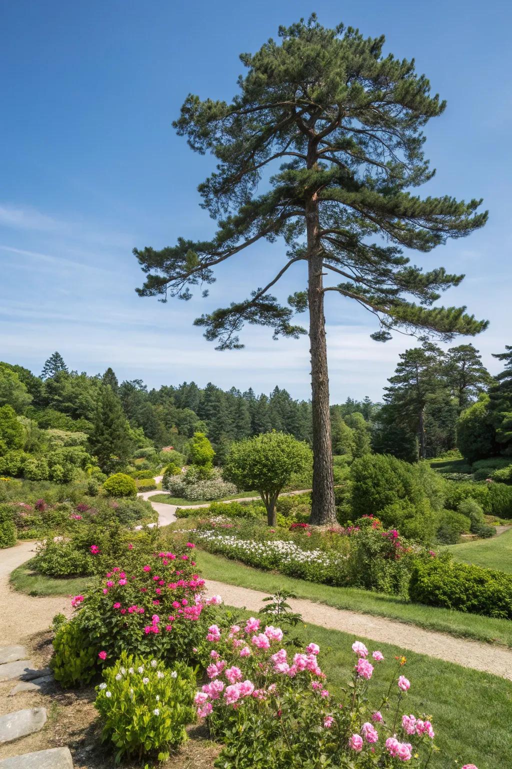 A pine tree as a focal point anchors the garden.