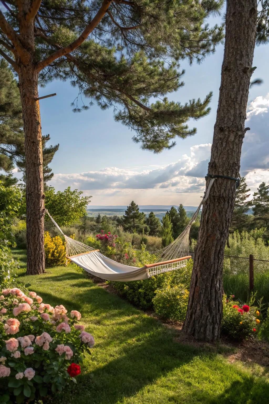 A hammock between pine trees offers a relaxing escape.