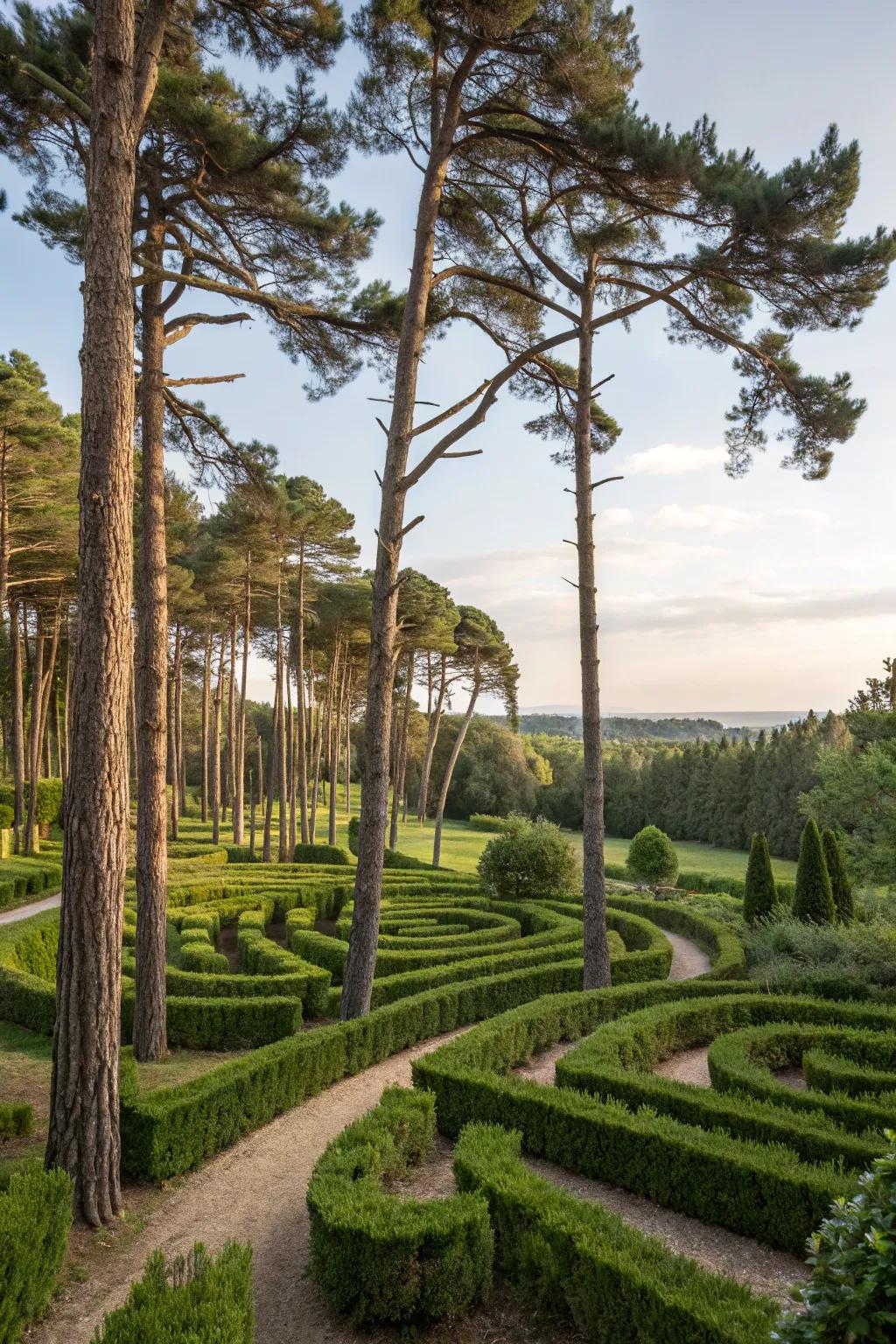 A pine tree maze adds fun and intrigue to the garden.