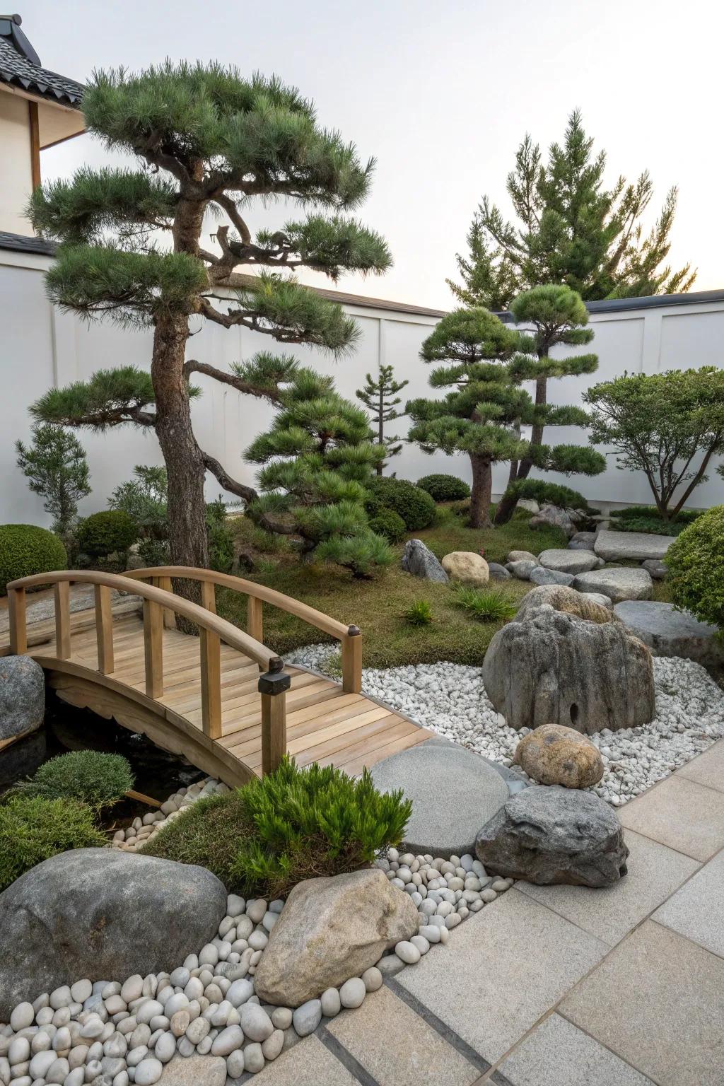Bonsai-shaped pines add a touch of Zen to gardens.
