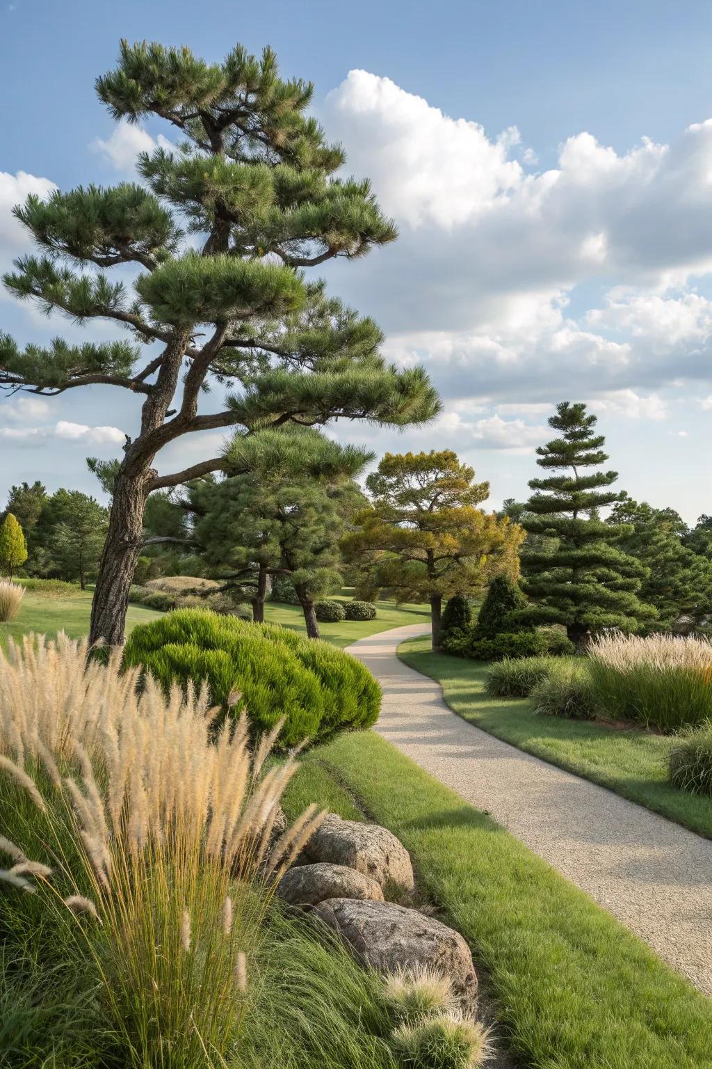 Pine trees and ornamental grasses create a textured landscape.
