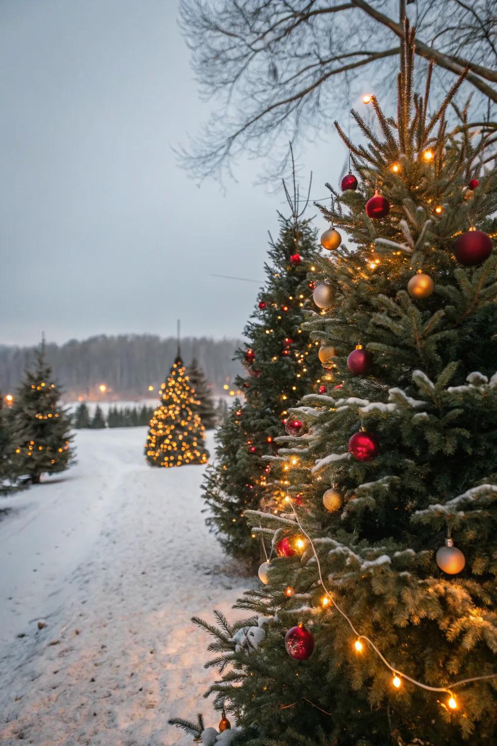 Seasonal decorations add charm to pine trees.