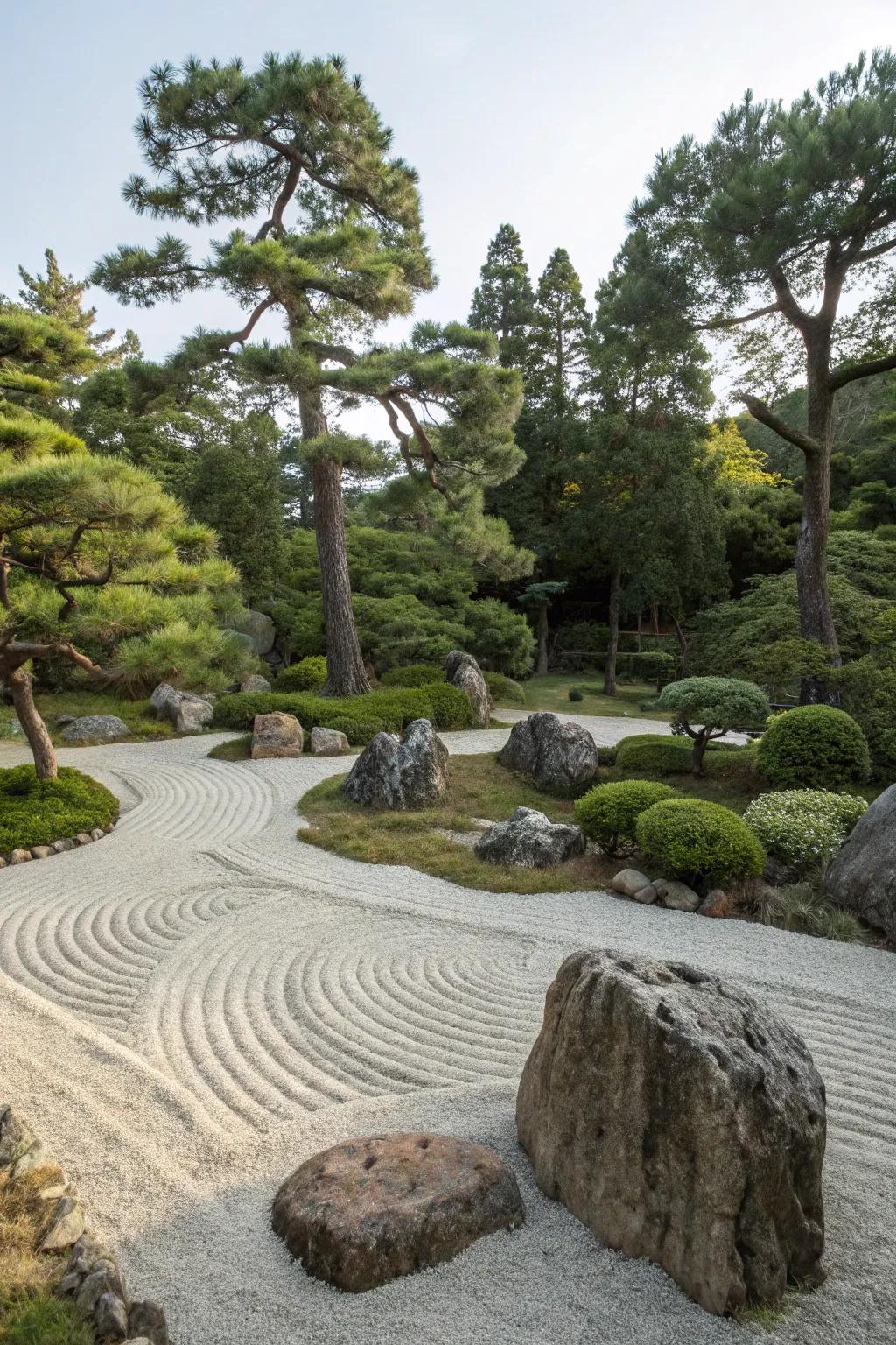 Pine trees in a Japanese rock garden for cultural flair.