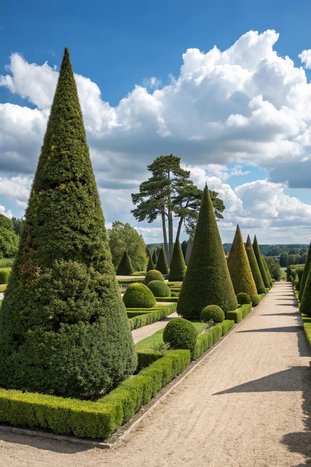Topiary pine trees add formal elegance to gardens.