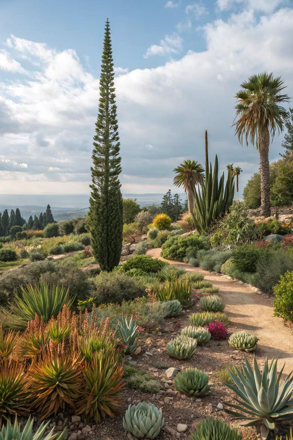 Pine trees in a drought-tolerant garden for sustainability.