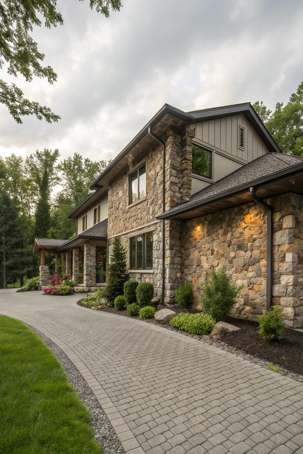 Stone accents add depth and texture.