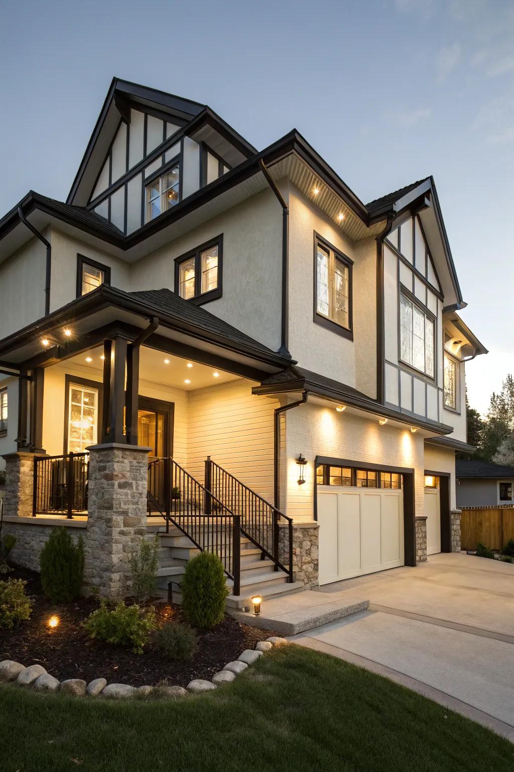 Dark trim enhances architectural features.