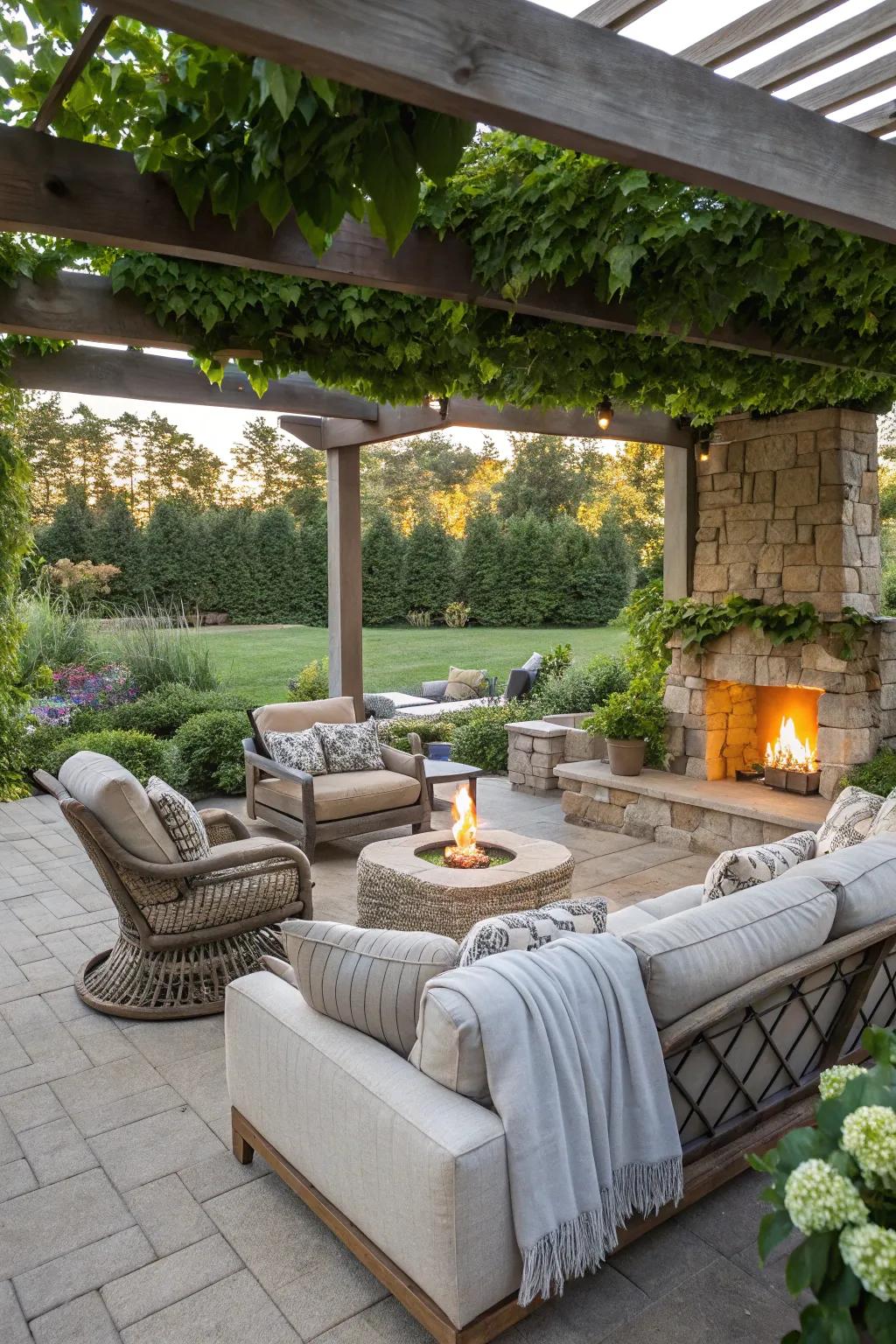 Bring indoor comfort outdoors with a cozy pergola setup.