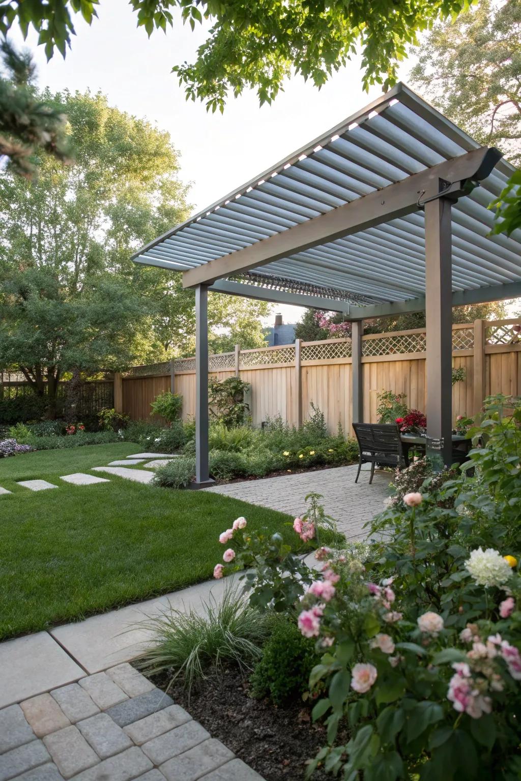 Adjustable louvers offer both privacy and shade.