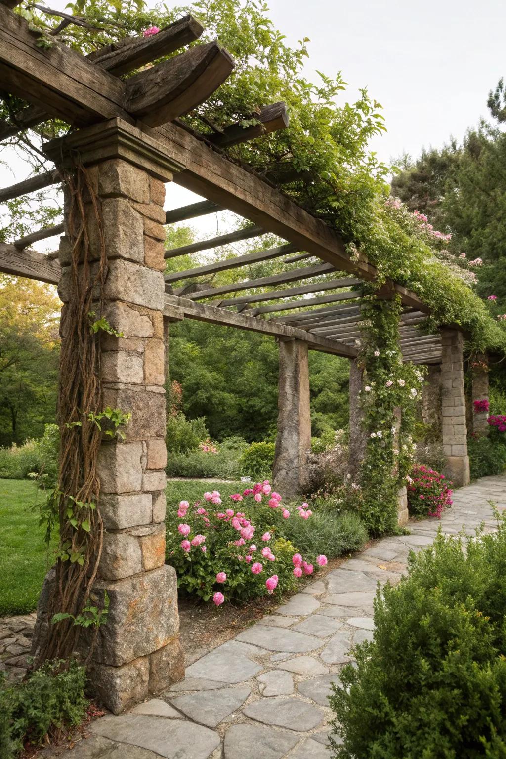 Embrace tradition with a rustic stone and timber pergola.