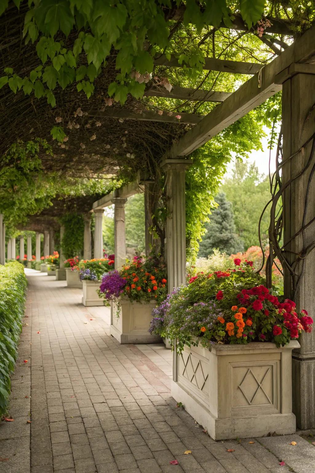Green up your pergola with built-in planters.