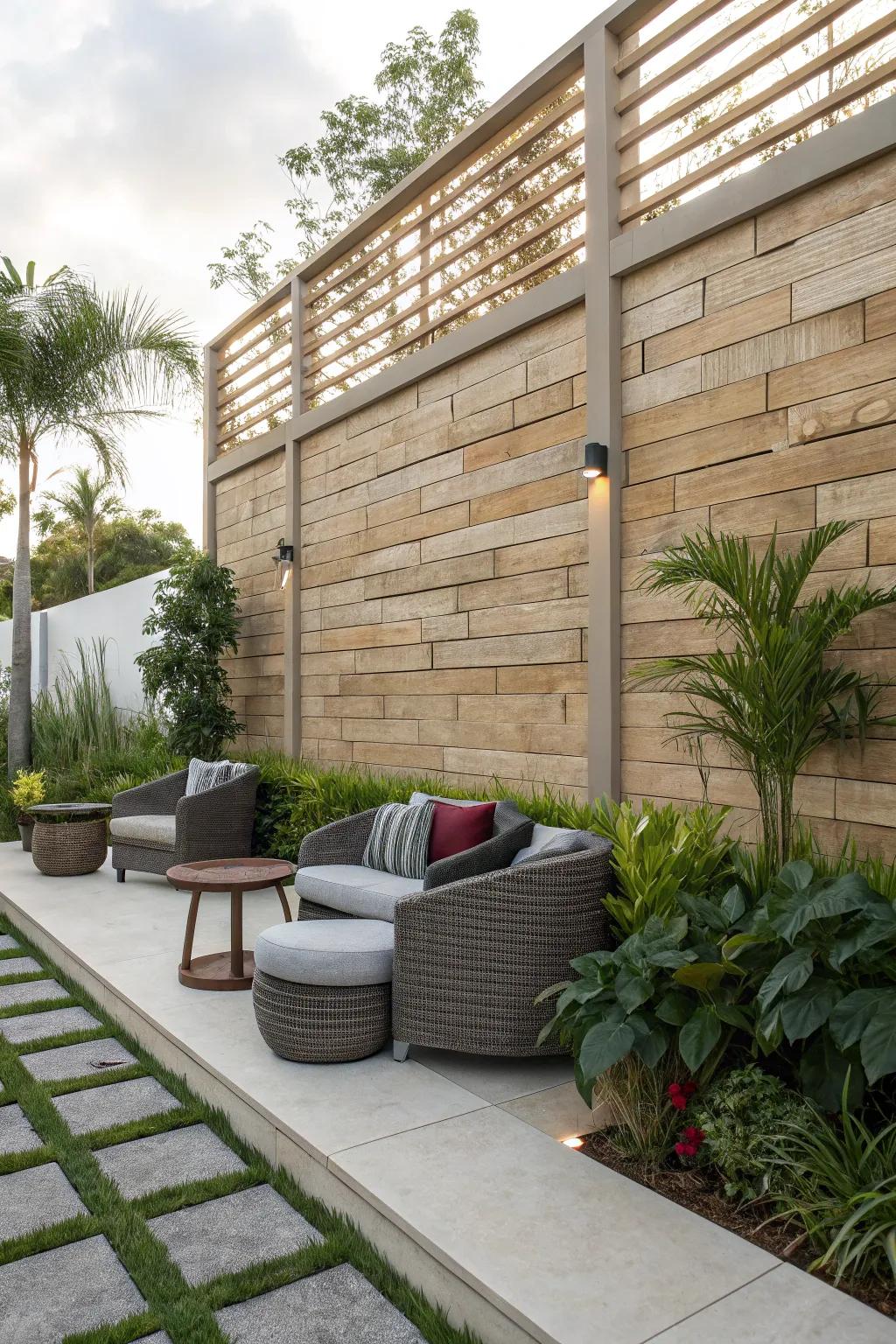 Horizontal wooden slats add a sleek, modern touch to any block wall.