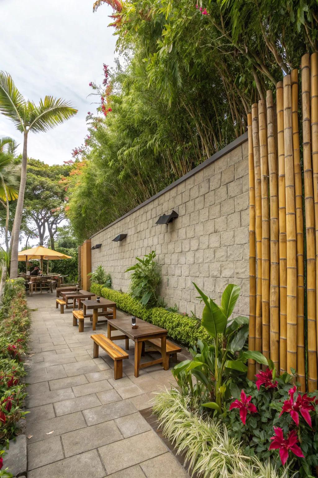 Bamboo toppers bring a tropical feel to your backyard.