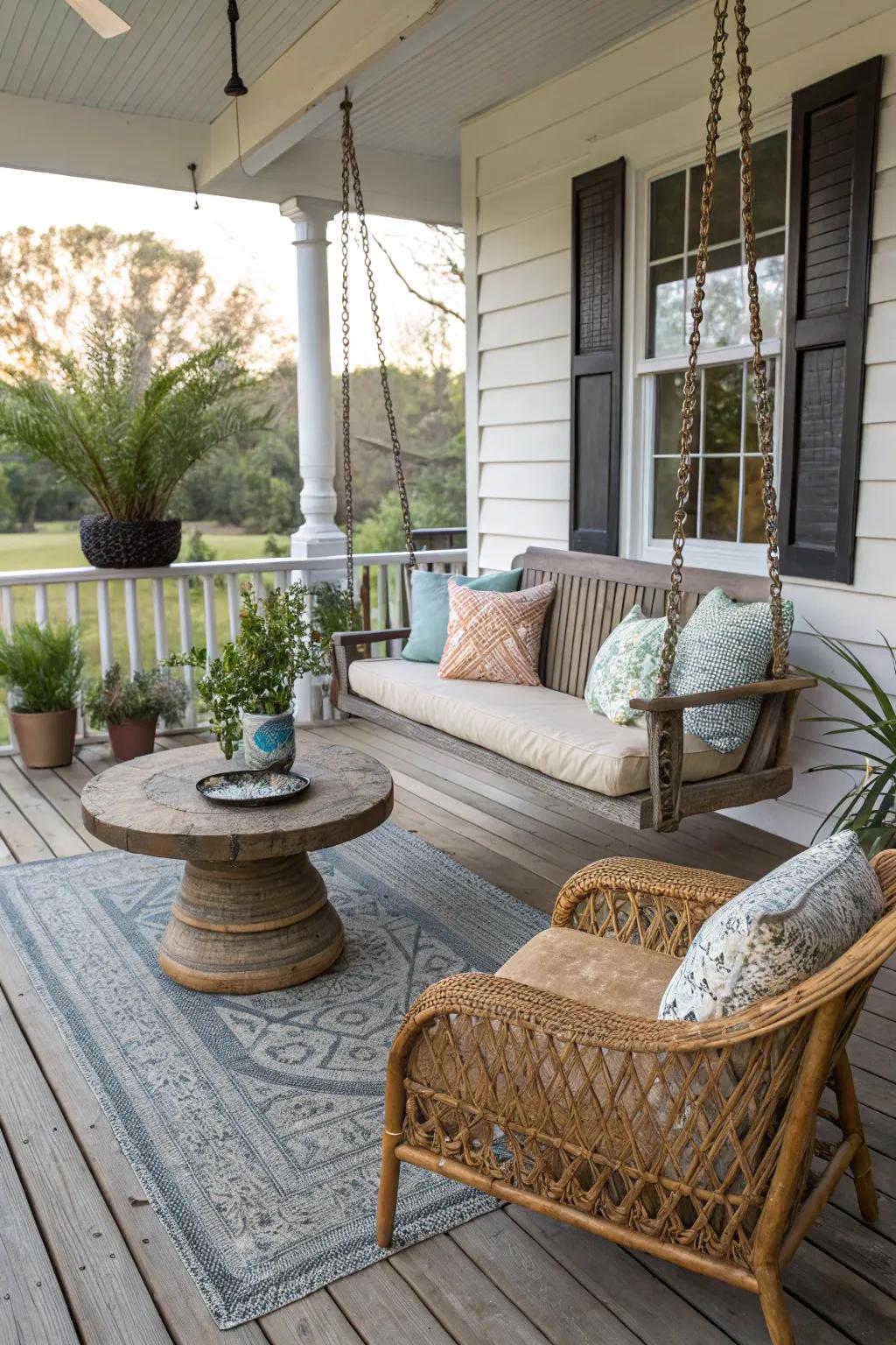 A mix of textures adds depth and interest to the porch.