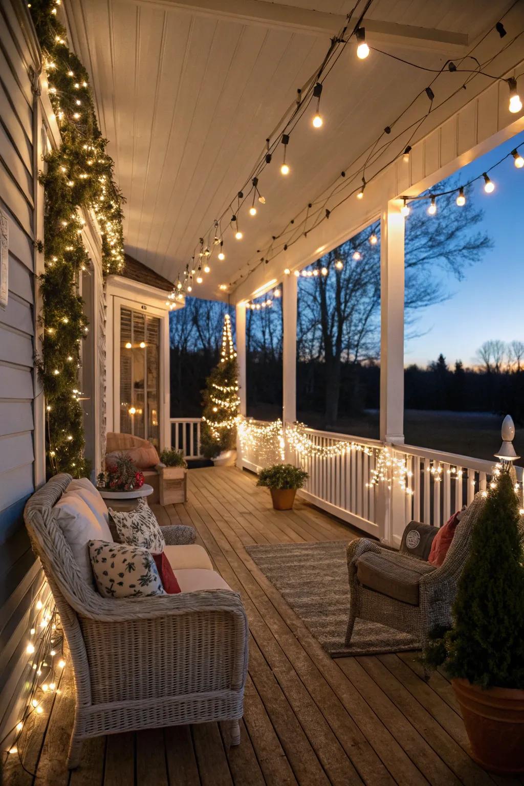 String lights add a magical touch to evening porch gatherings.