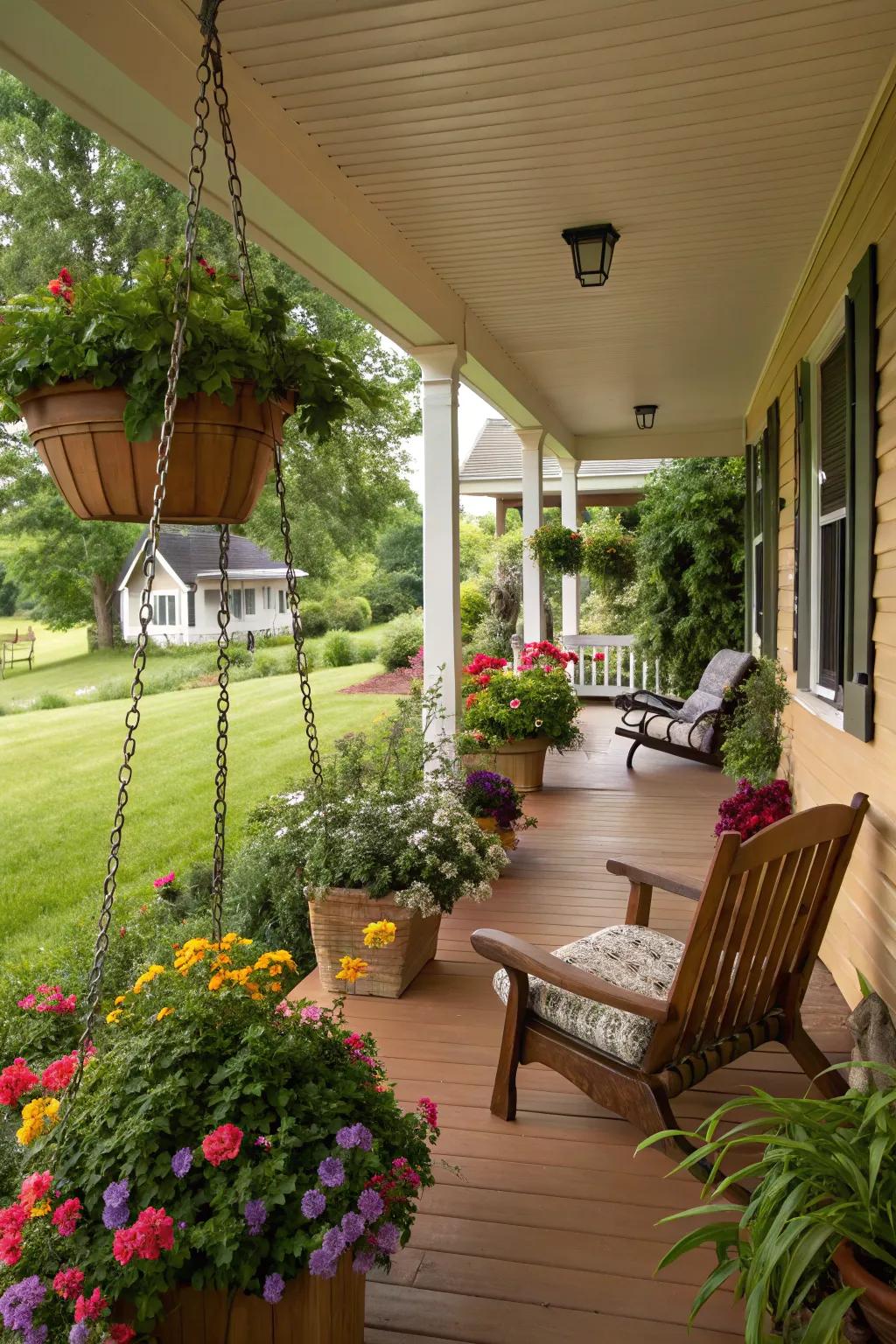 Lush greenery and colorful blooms create a welcoming entrance.