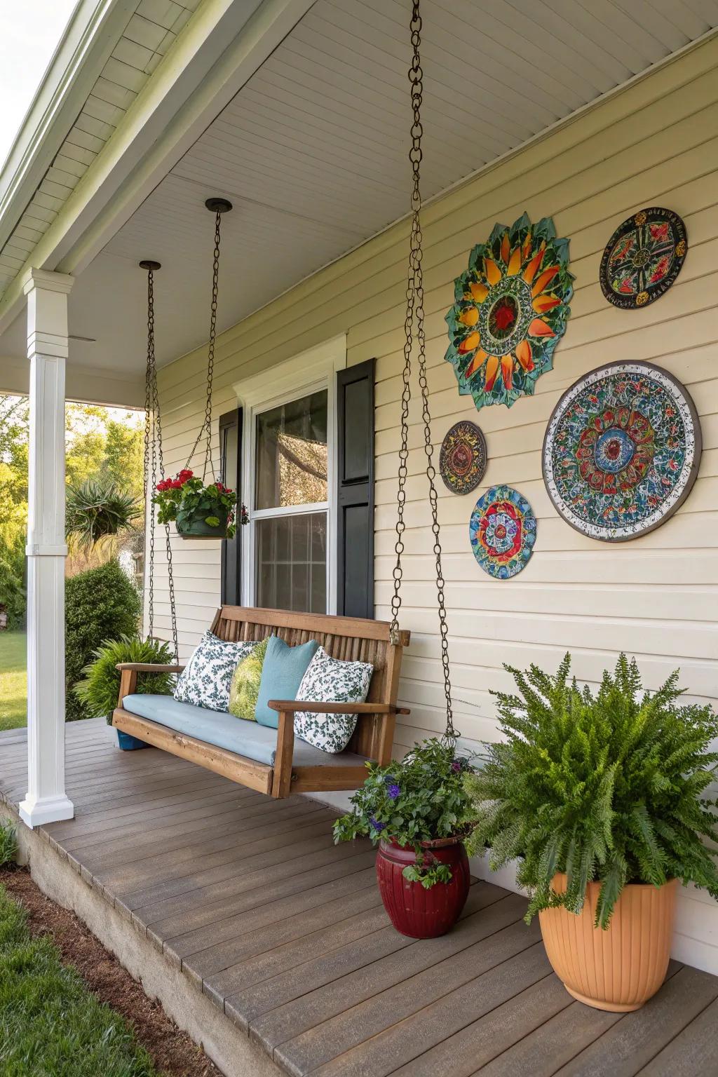 Wall art adds a creative touch to the porch's decor.