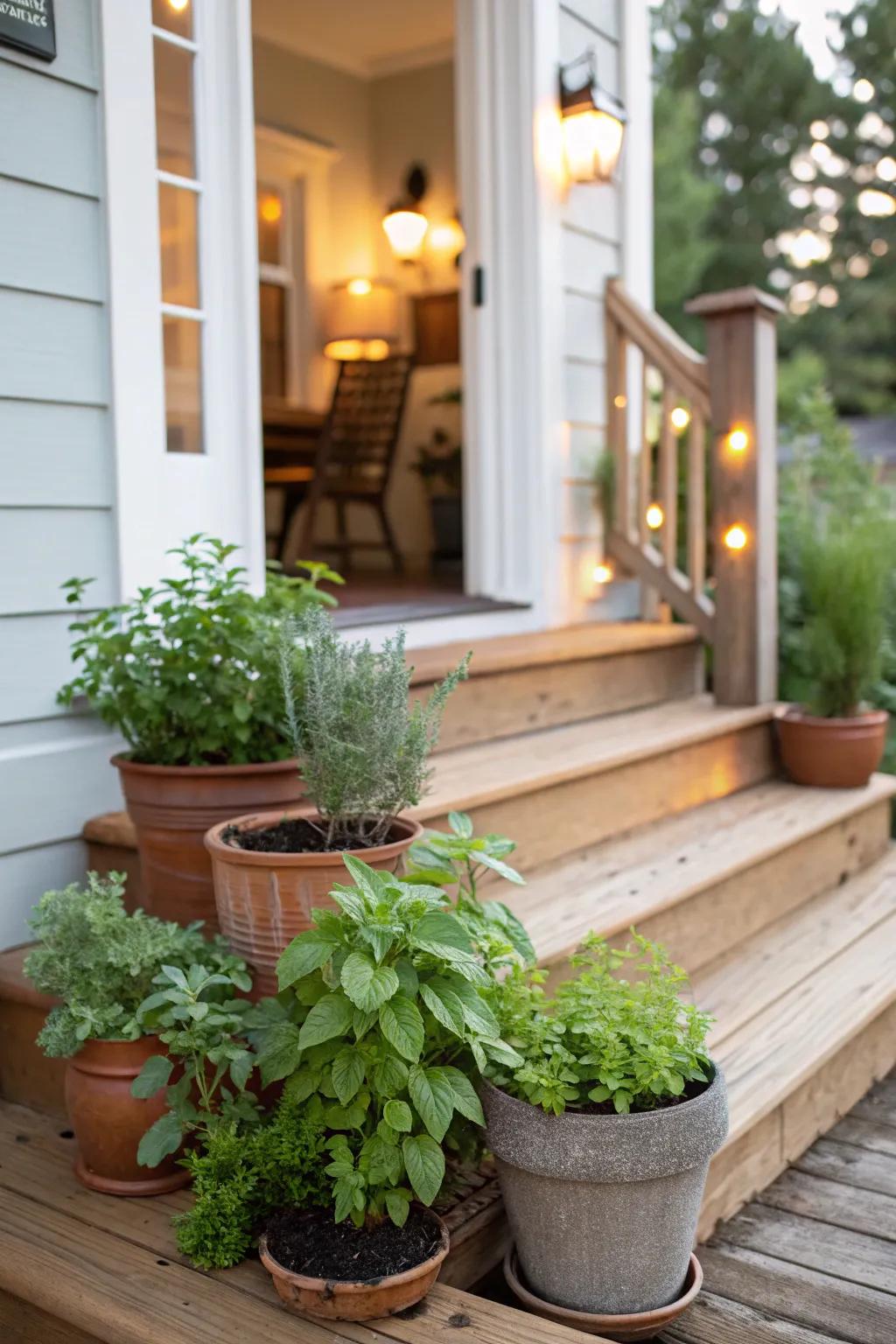 A mini herb garden adds freshness and practicality.