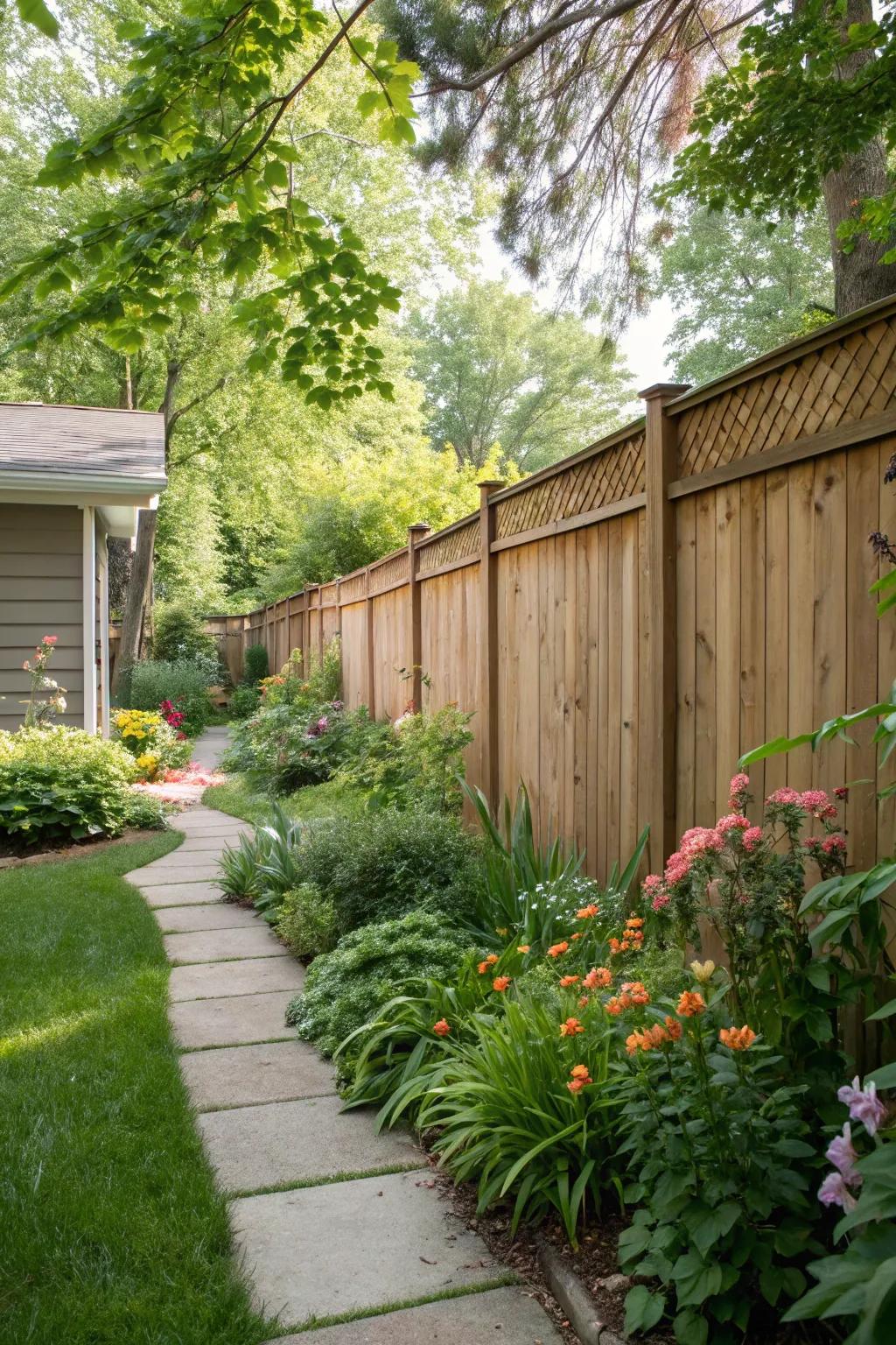 A privacy fence transforms this side yard into a secluded retreat.
