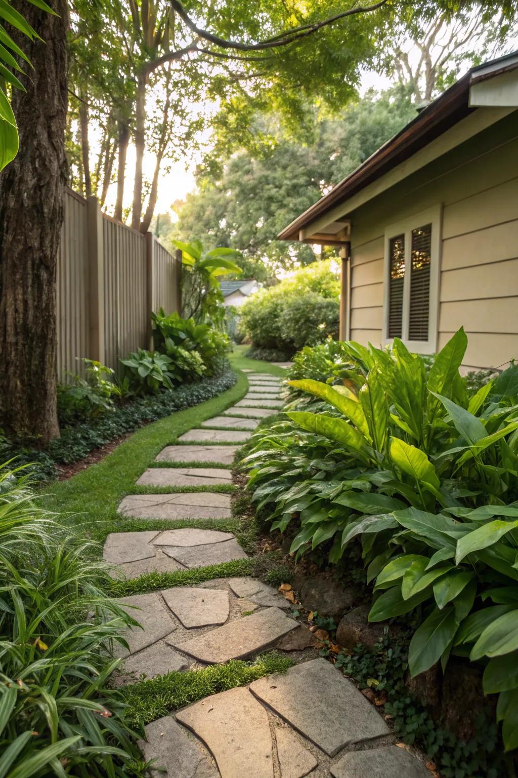 A stepping stone path adds charm to this lush side yard.