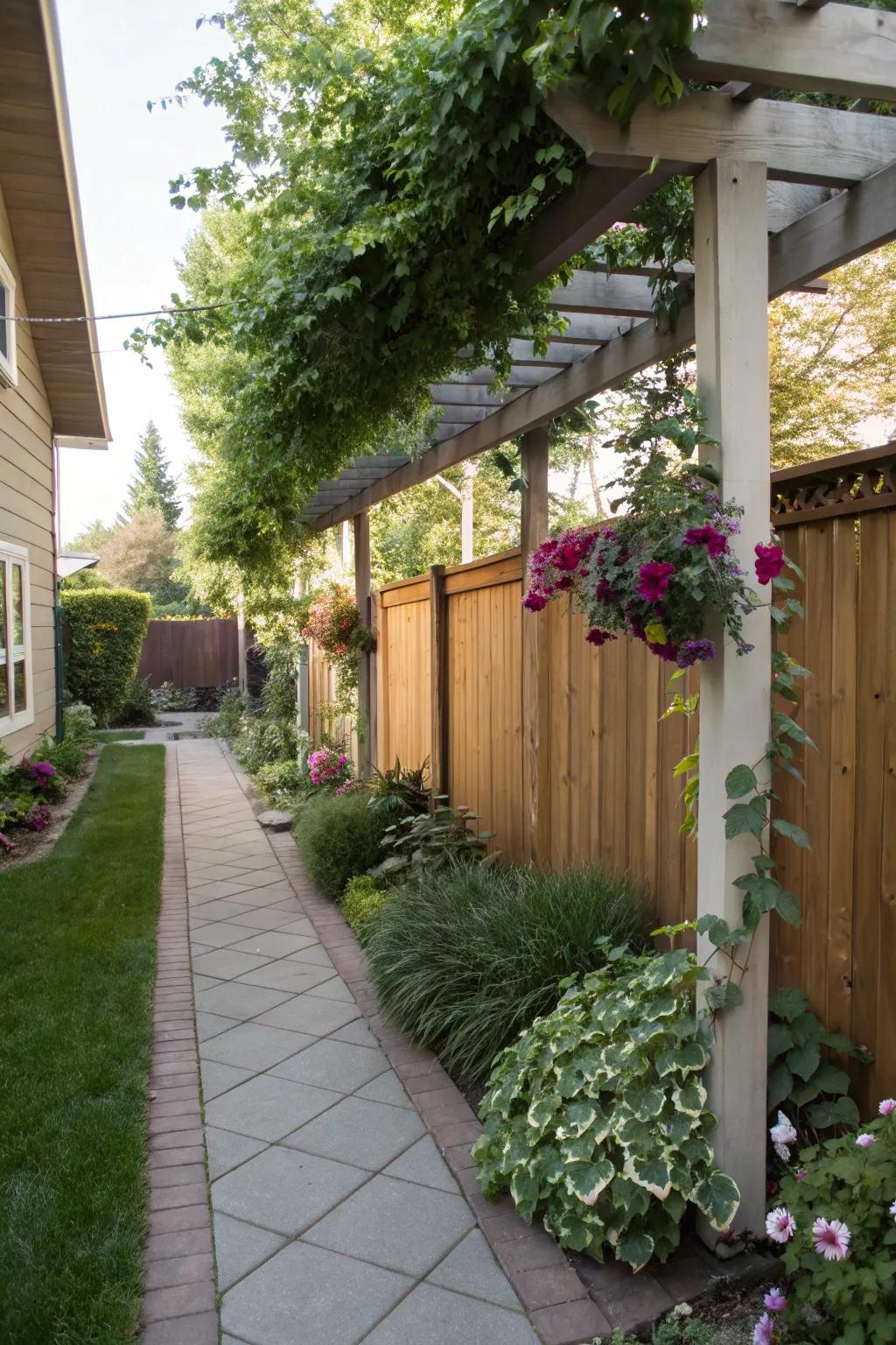 A pergola offers a shaded retreat in this side yard.