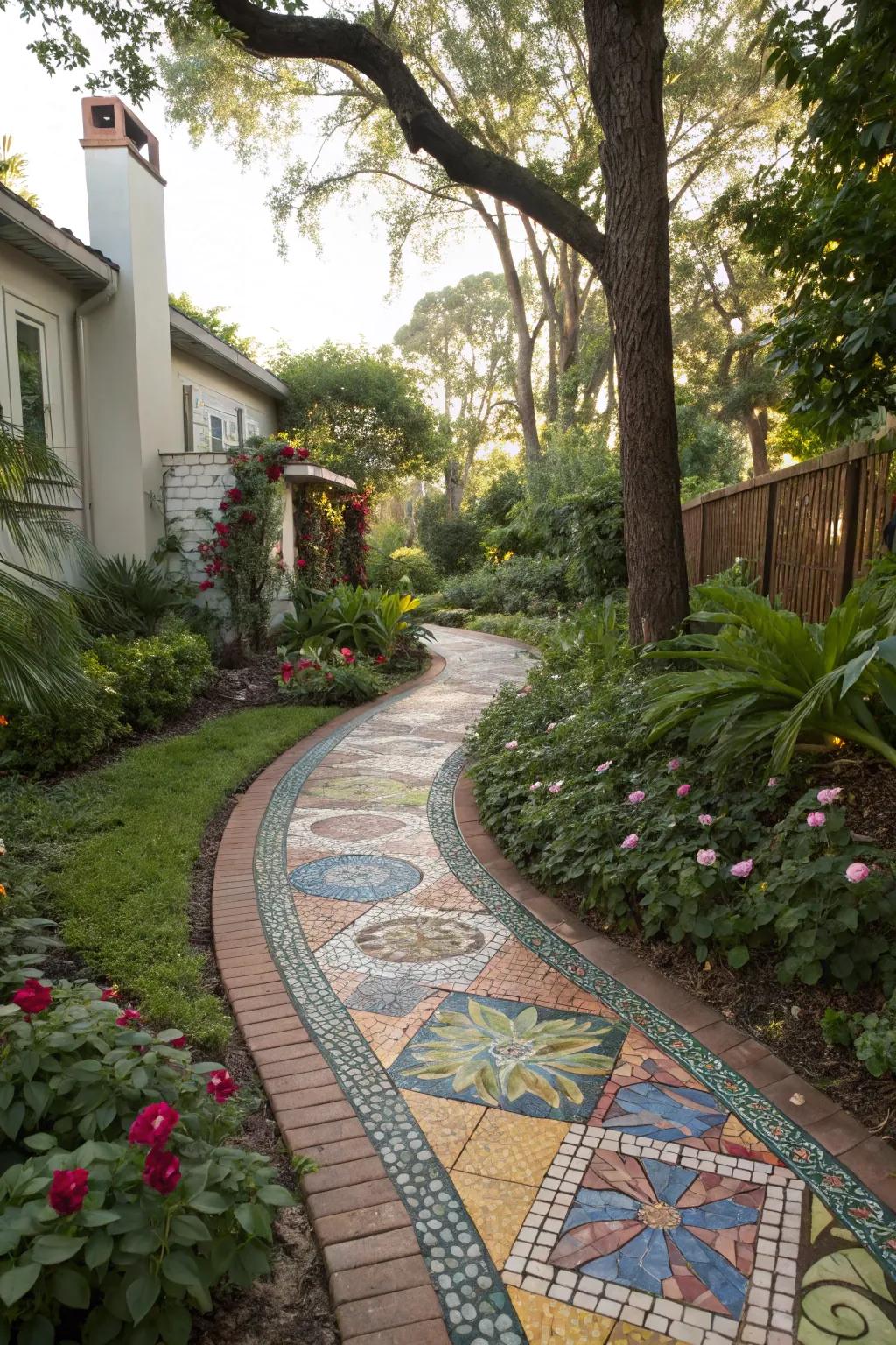 A mosaic pathway adds artistic flair to this side yard.