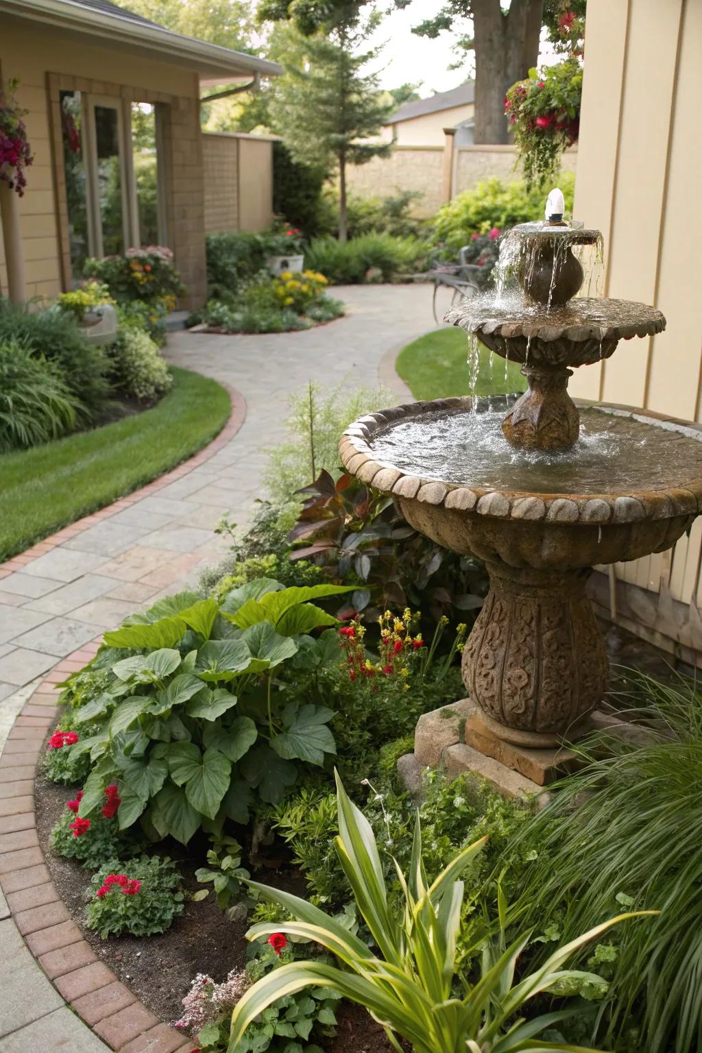 A water feature brings tranquility to this side yard.