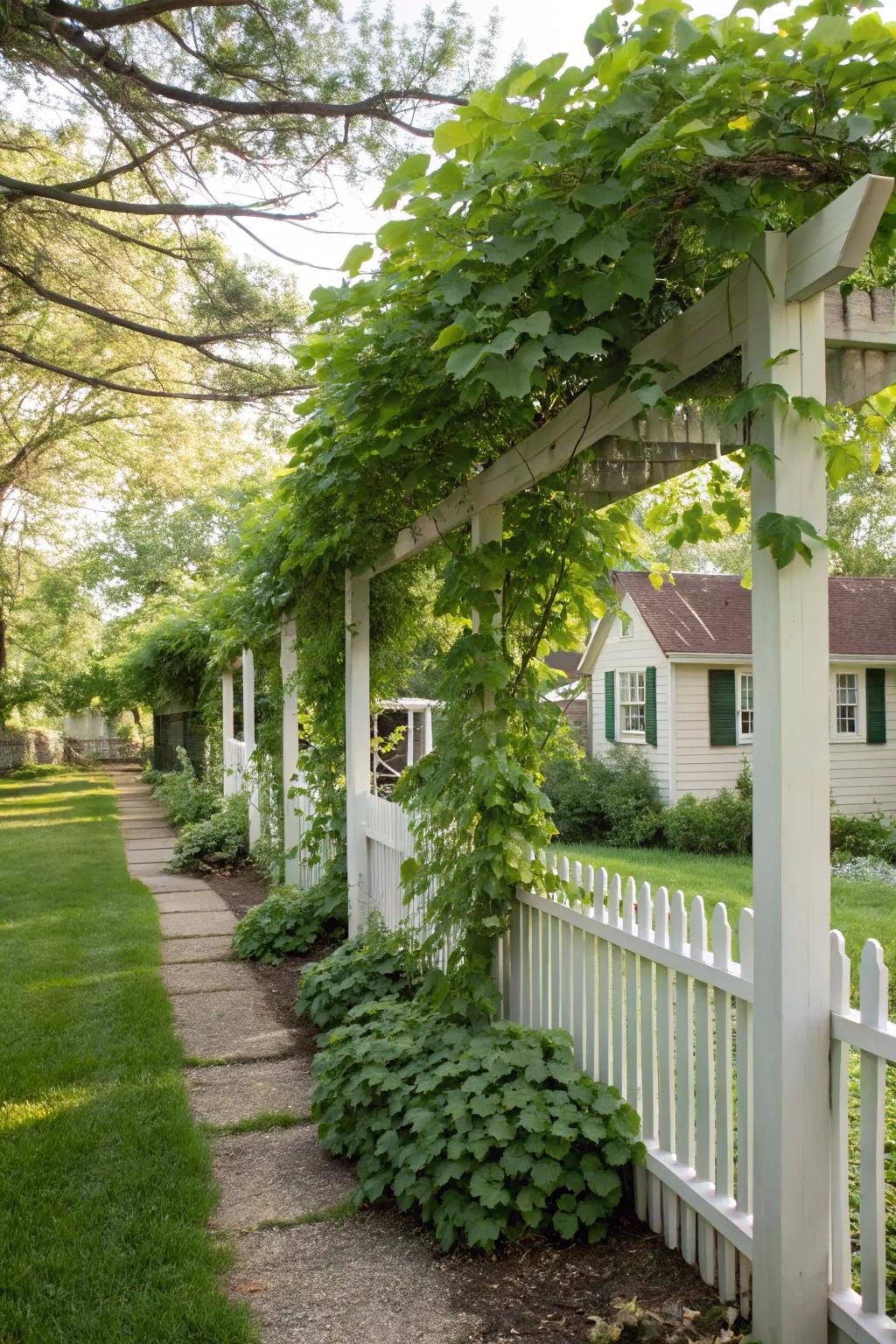 Trellises support beautiful vines in this cozy side yard.