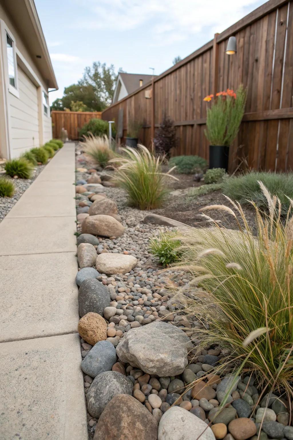 Decorative stones add texture and visual interest to this side yard.
