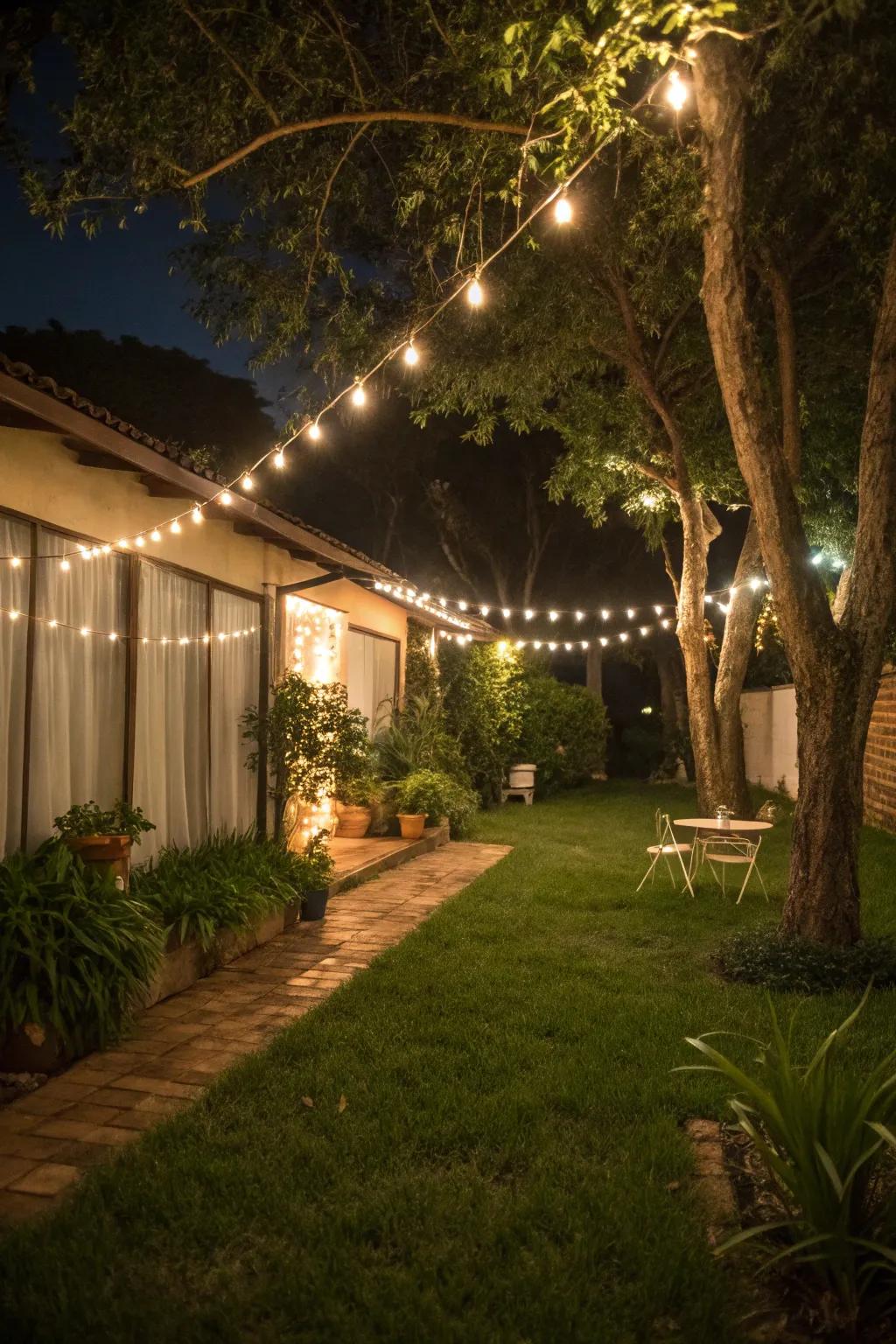 String lights create a warm and inviting ambiance in this side yard.