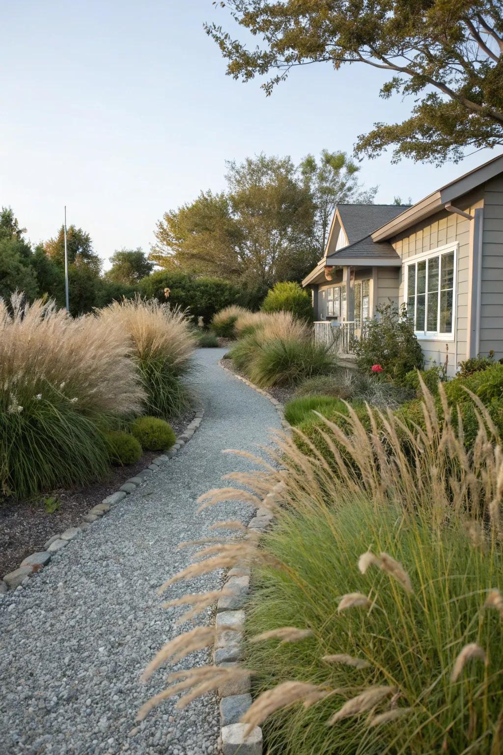 Gravel provides a clean and modern ground cover in this side yard.