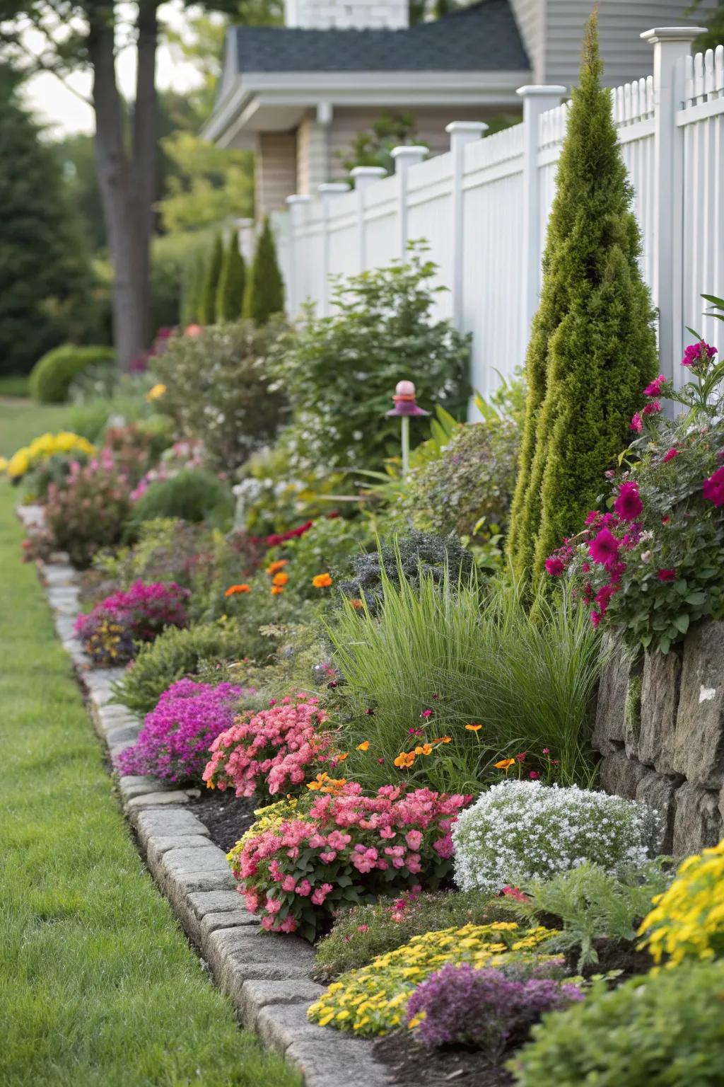 Layered plantings add depth and interest to this side yard.