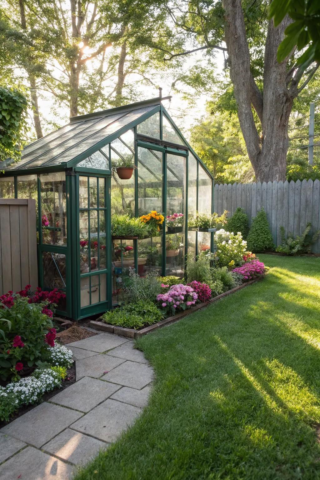 A small greenhouse offers extended growing opportunities in a side yard.