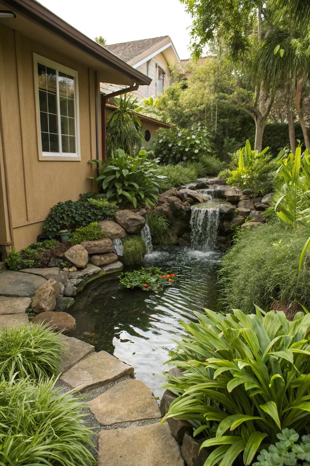 A small pond adds a touch of nature's tranquility to this side yard.
