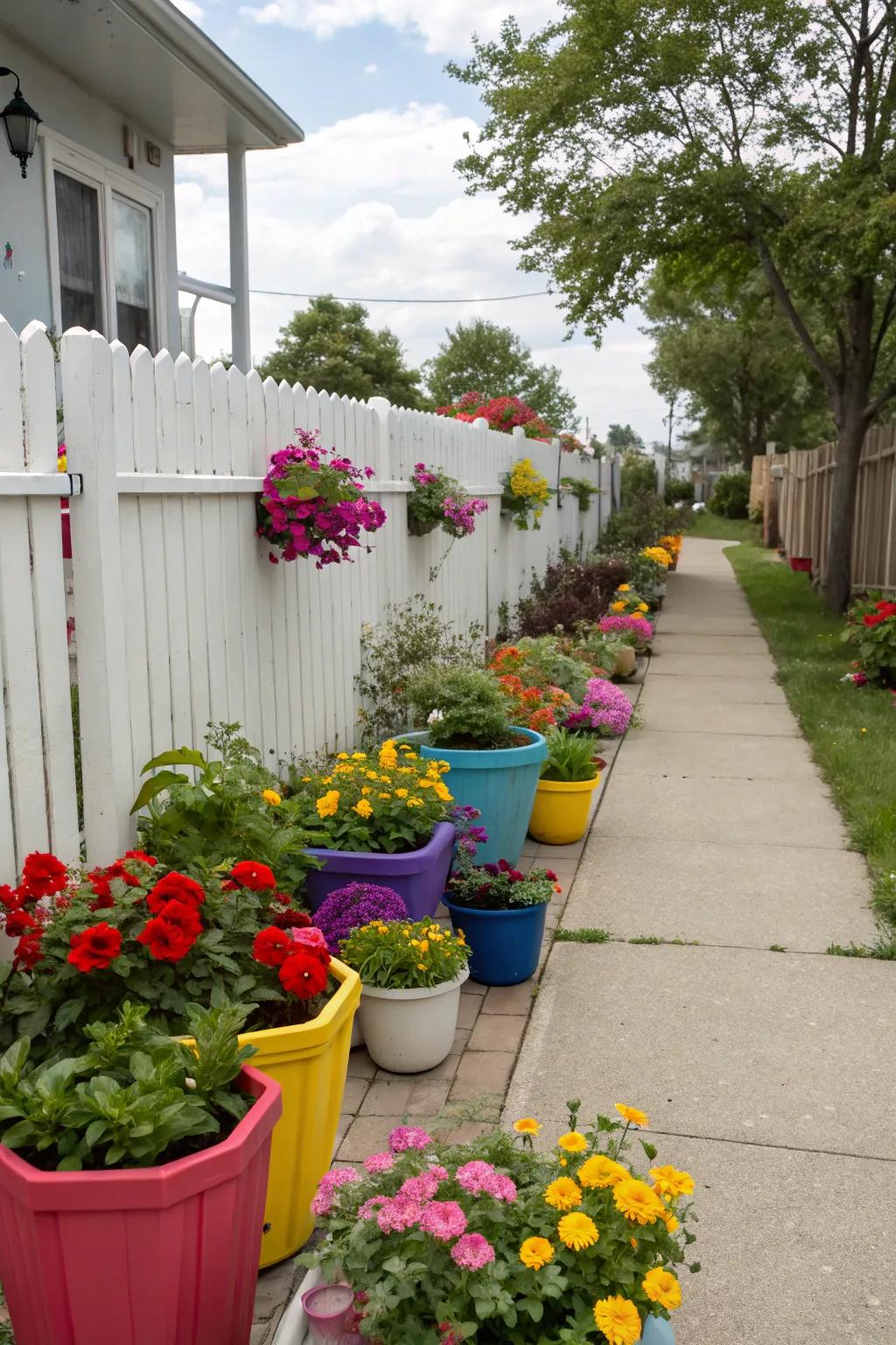 Colorful pots bring life and vibrancy to this side yard.