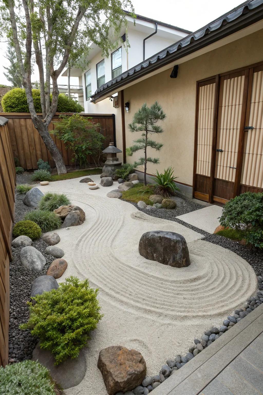 A Zen garden offers a tranquil escape in this side yard.