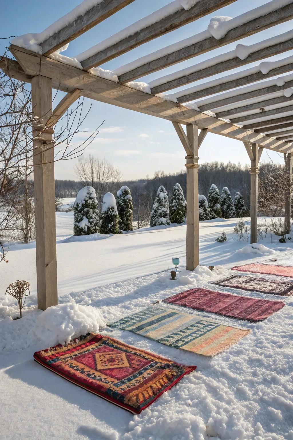 Outdoor rugs add warmth and style to a winter pergola.