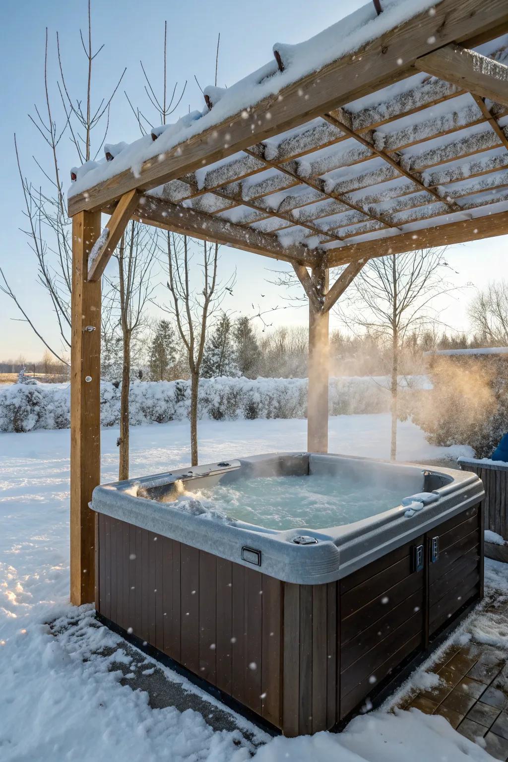 A hot tub under a pergola offers a warm winter escape.