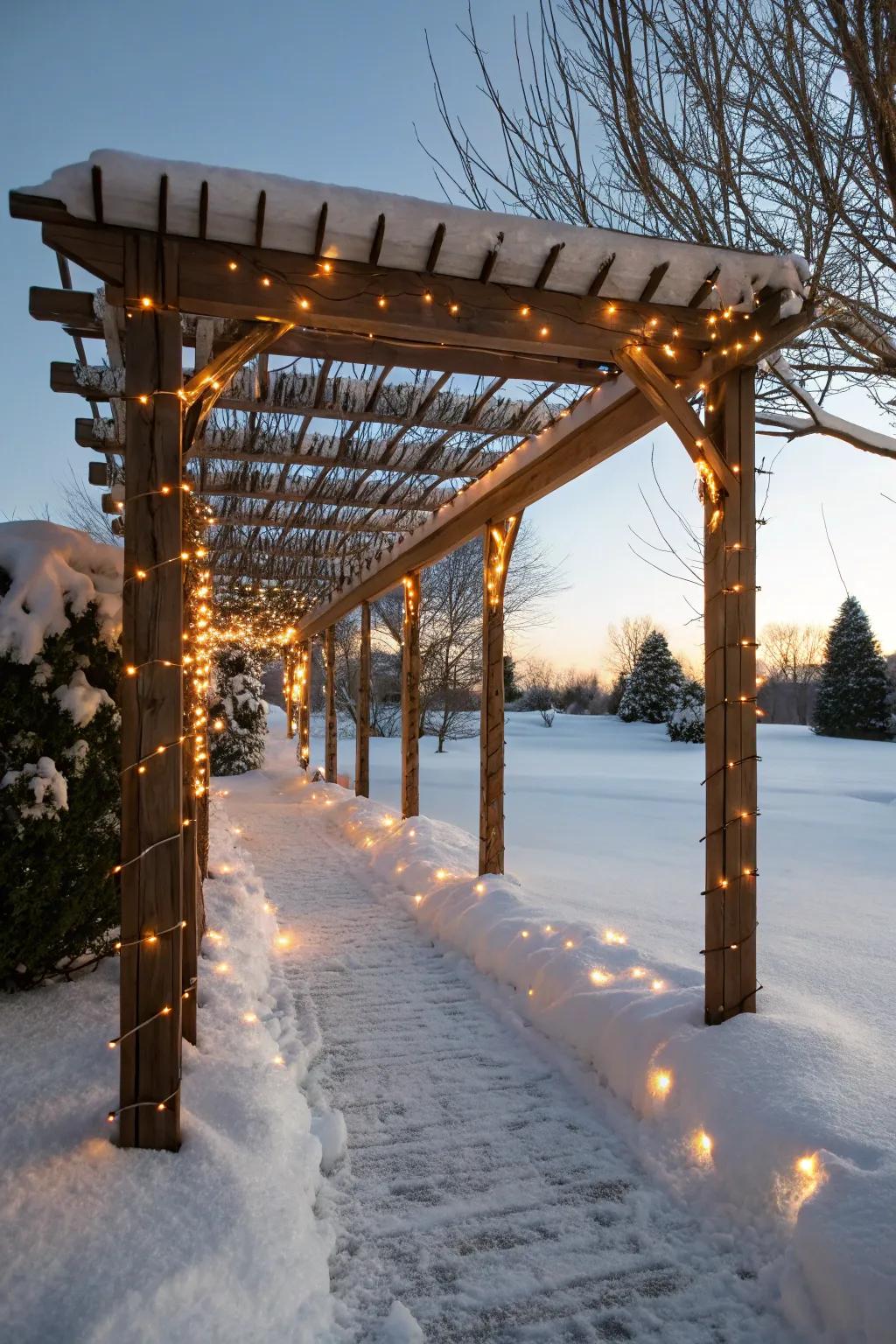String lights create a sparkling winter canopy under the pergola.