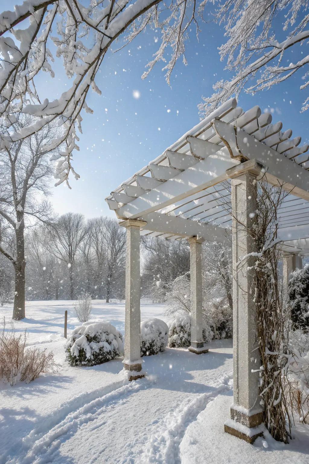 A magical winter pergola dusted with fresh snow.