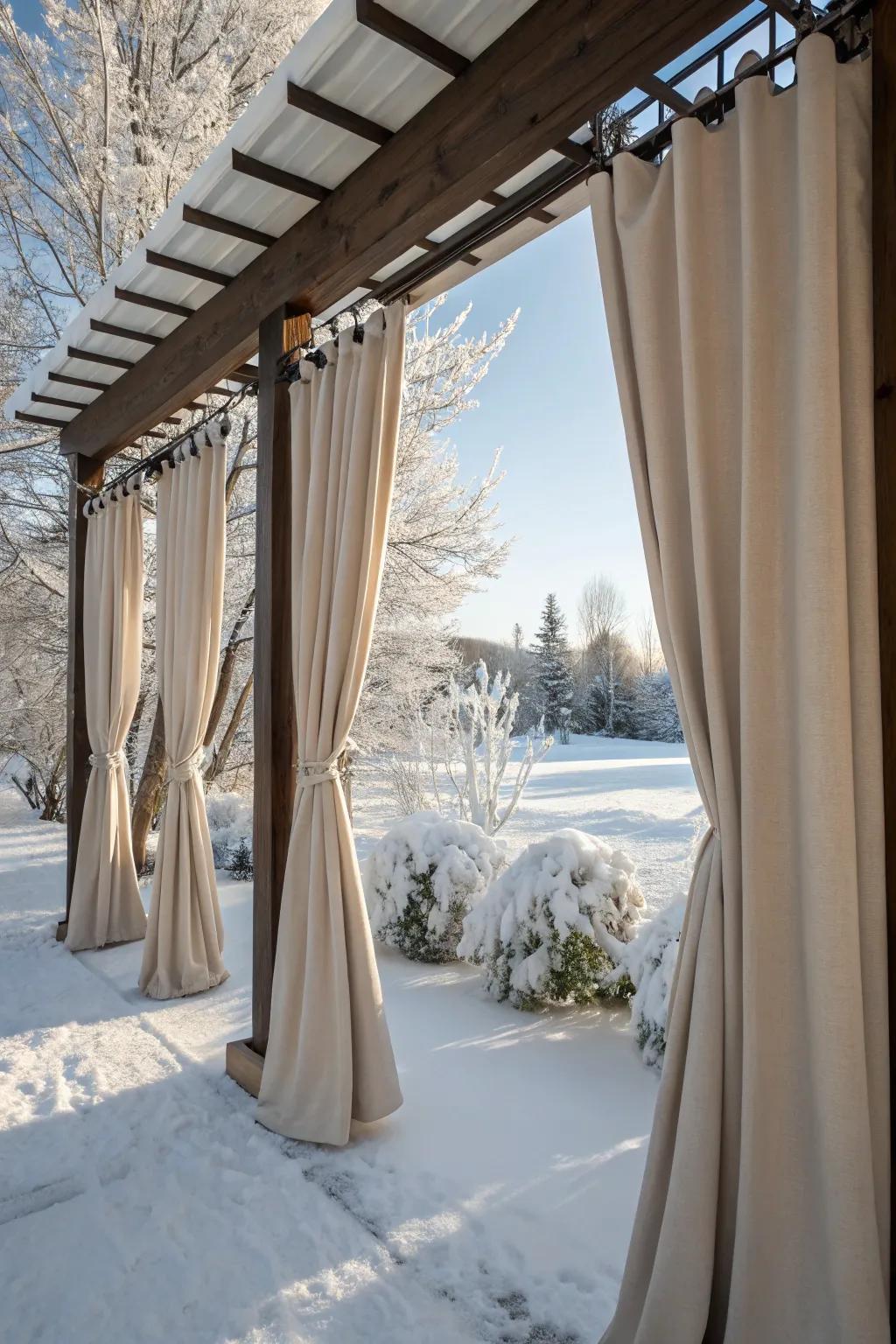 Thermal curtains offer privacy and warmth to a pergola.