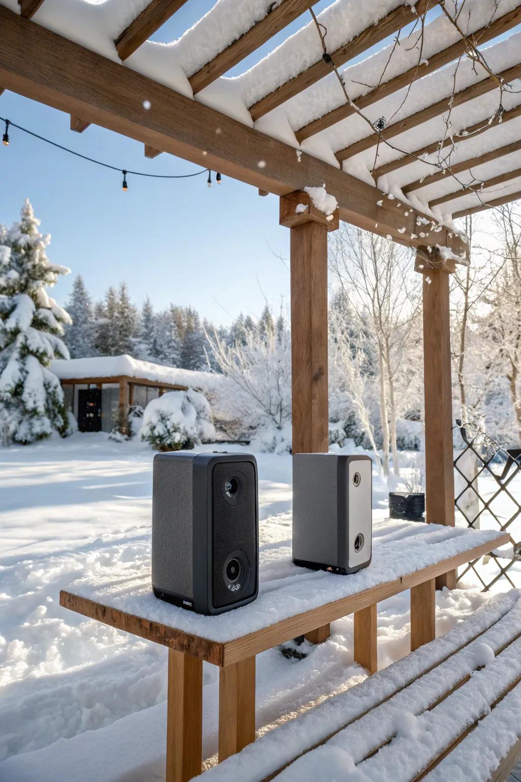 Soothing sounds create a peaceful atmosphere under a pergola.