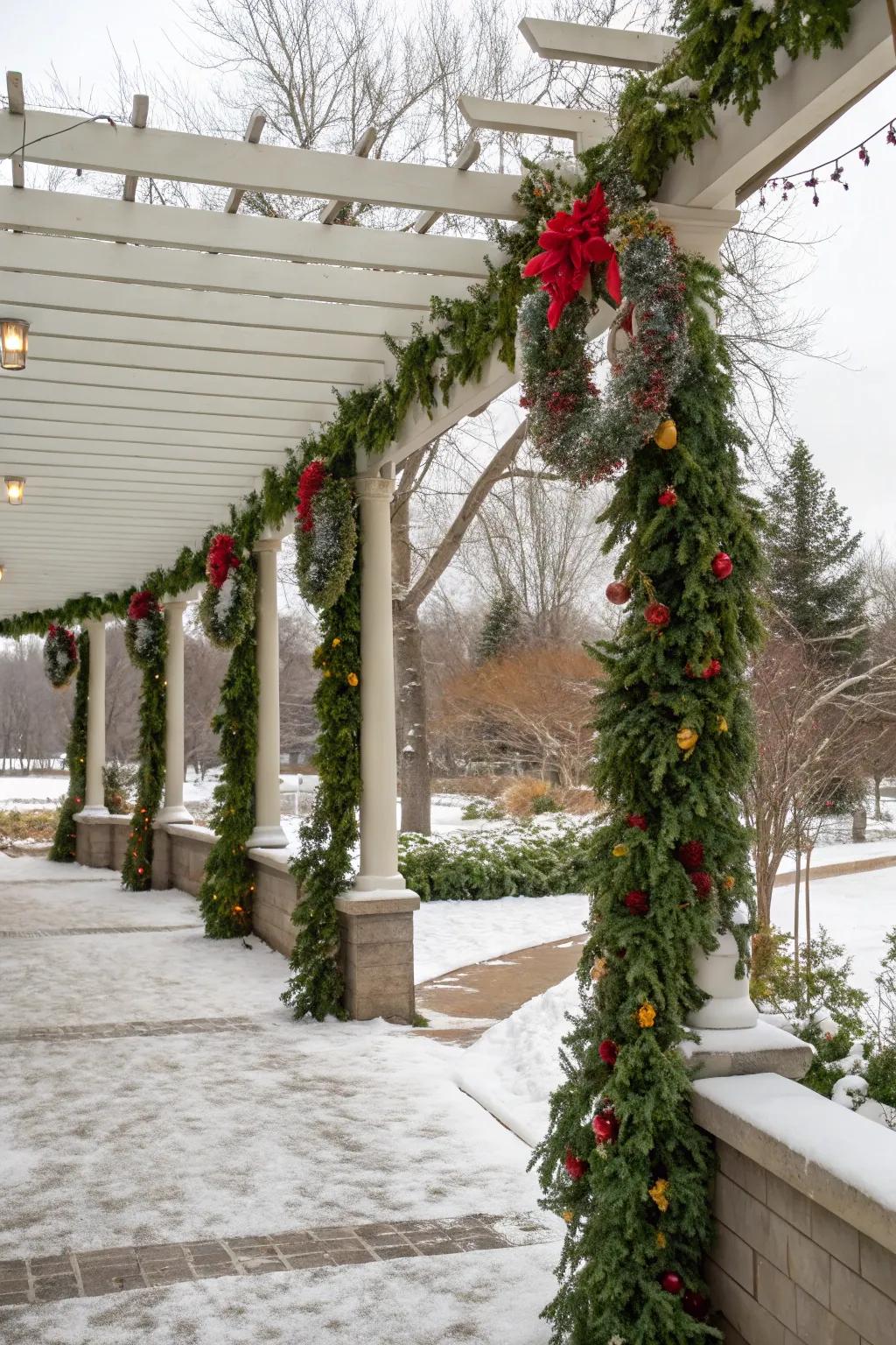 Seasonal decorations add festive cheer to a pergola.