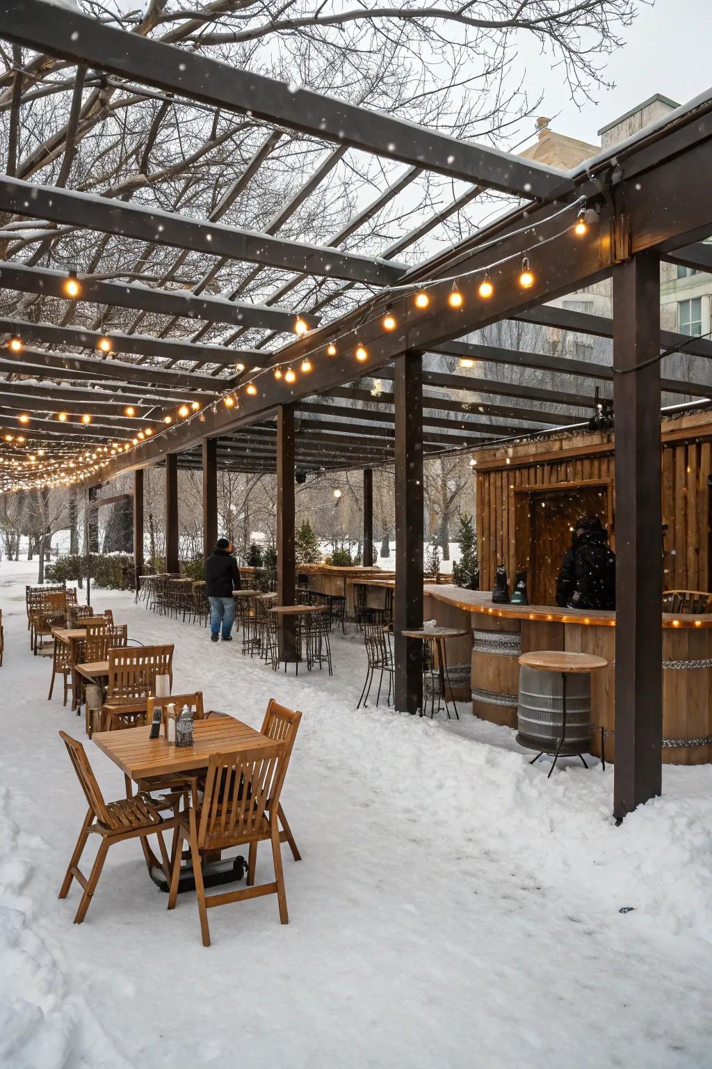 A bar setup under a pergola keeps winter gatherings lively.