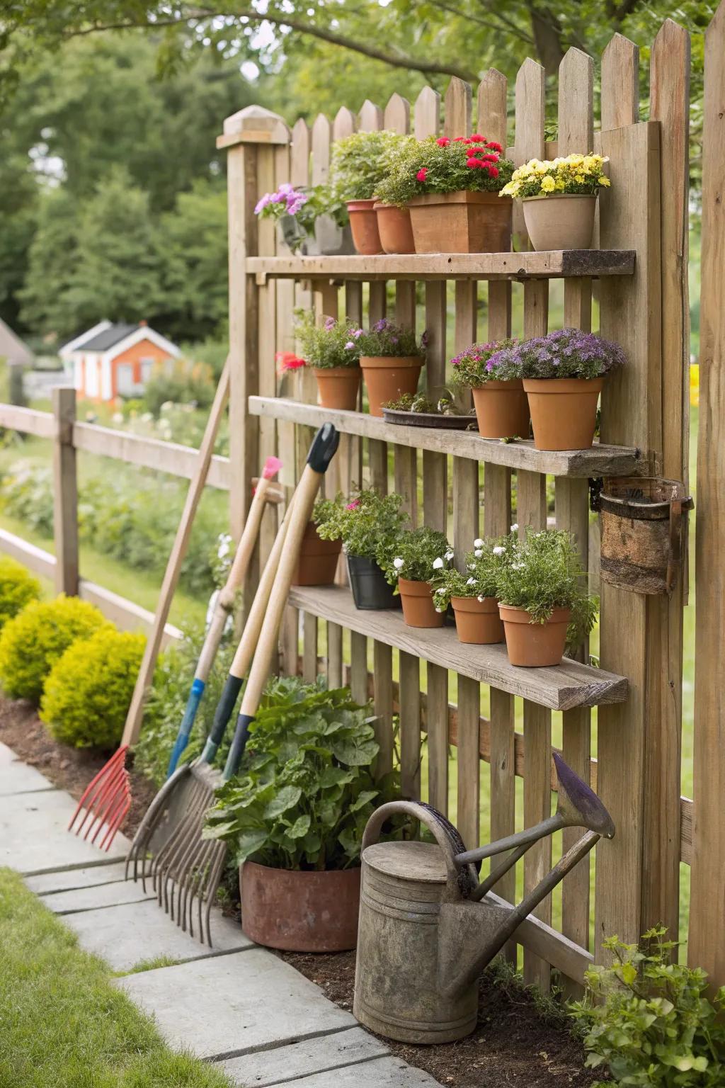 Shelves offer storage and display space on your garden fence.