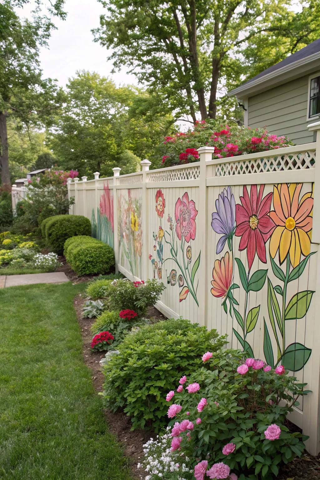 Add a burst of color with a hand-painted mural on your garden fence.
