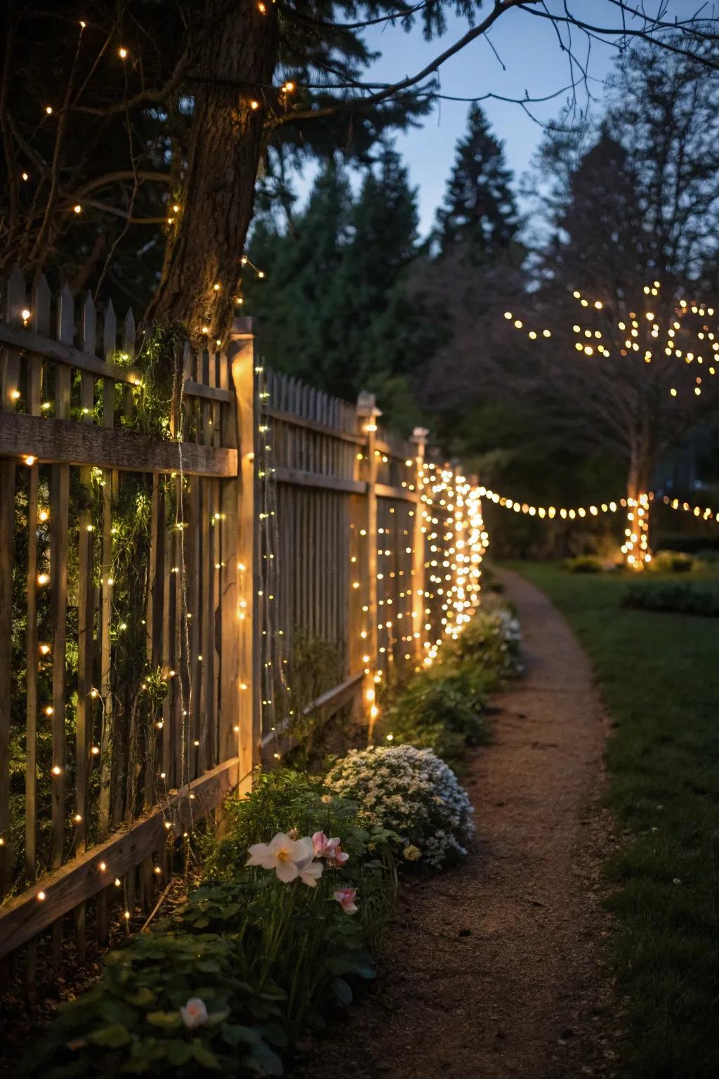 String lights transform your fence into a magical evening retreat.